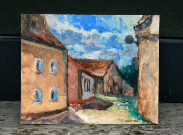Uliczka w nowym Warpnie olej na tekturze pokrytej płótnem 20x25.jpg